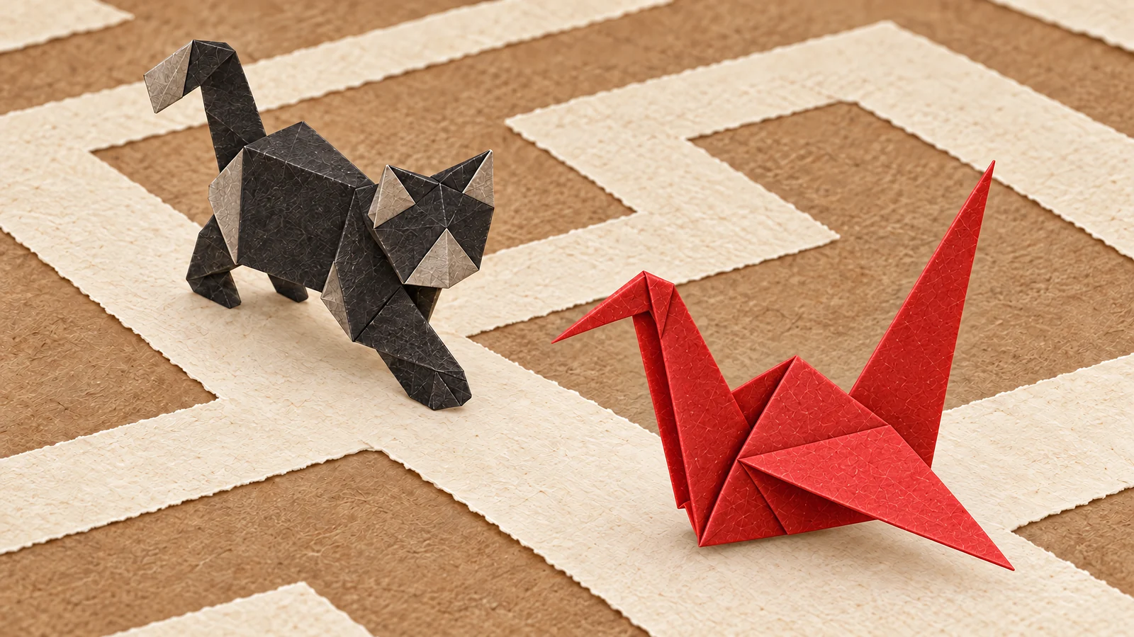 The black origami cat and the red crane on a cream corridor over kraft
