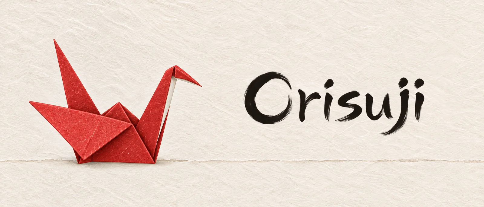 The red origami crane on a crease across cream washi, with the Orisuji wordmark