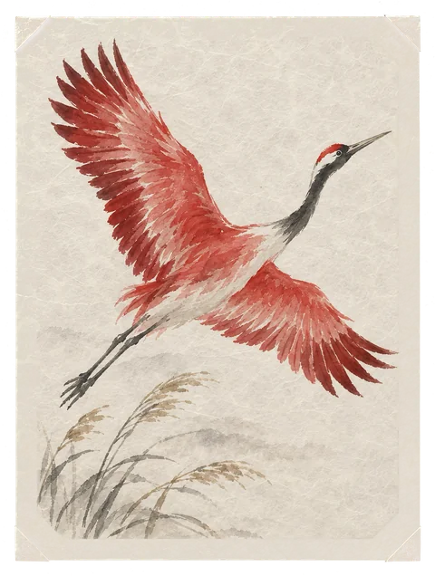 A red crane in flight over pampas grass