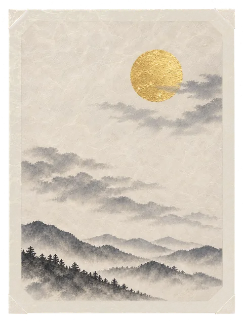 A gold-leaf moon over ink mountains