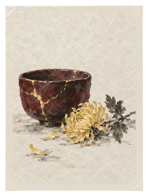 A tea bowl mended with gold, and a chrysanthemum