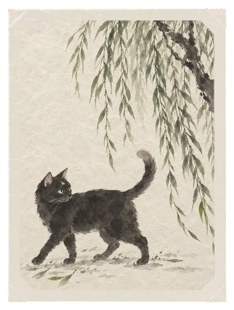 A black cat under a willow