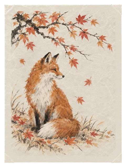 A fox under red maple leaves