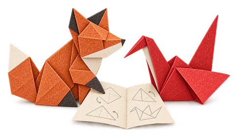 The origami fox and the red crane reading a booklet of folding diagrams together
